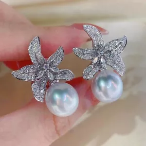 Natural Pearl 2.00Ct Round Cut Drop Dangle Earrings 14K White Gold Plated Silver - Picture 1 of 6