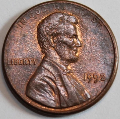 Lincoln Memorial Cent 1992 golpe de grasa anverso y reverso, golpeado fuera del centro Foto 1 de 4