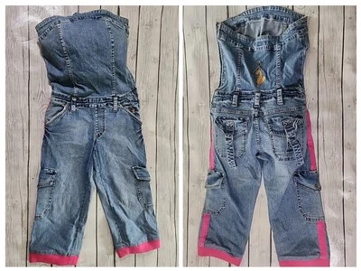 VTG Y2K Baby Phat Embroidered Denim Jumpsuit Capri Strapless Size 5 Romper Pink - Image 1 of 4