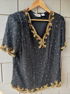 Blusa de Colección Laurence Kazar Lentejuelas Talla XL Negra Dorada Seda Lentejuelas Fiesta - Imagen 1 de 18