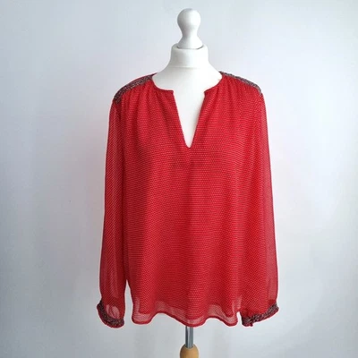 Hush Blouse Red Stars Print Chiffon Top Peasant Long Sleeves Floaty Ditsy 14 - Image 1 of 4