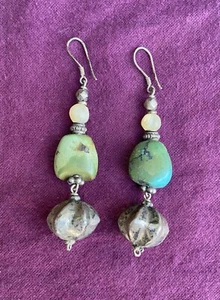 Sterling Silver, Turquoise Pearl hanging Earrings Mexican 70s Vintage Jewellery - Picture 1 of 9