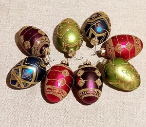 8 Vintage Blown Glass Christmas Ornaments Sopel Poland 4" Hand Painted Glitter - Picture 1 of 8