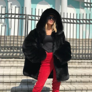 Women Full Pelt Natural Real Fox Fur Coat Hooded Jacket Warm Overcoat Outwear - Picture 1 of 9