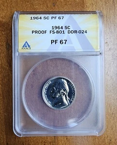 *Scarce Variety* 1964 TDR FS-801 Proof Jefferson Nickel - ANACS PR 67 PF 67 - Picture 1 of 4