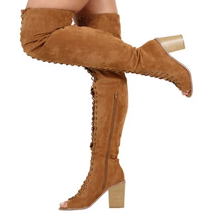 OVERKNEES-DAMENSTIEFEL ZUM SCHNÜREN HOHER BLOCKABSATZ PEEPTOE SCHUHE - Bild 1 von 21