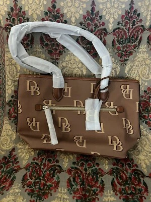 Dooney & Bourke Signature Monogram DB Shopper Zip Tote Purse Saddle Brown - Image 1 of 4