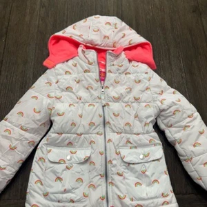 Pink Platinum White and Pink Puffer Jacket with Butterfly Print - Picture 1 of 4
