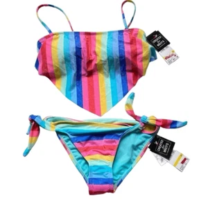California Waves Women Sz M Rainbow Stripe Bandeau Swim Suit 2 Piece Bikini - Picture 1 of 14