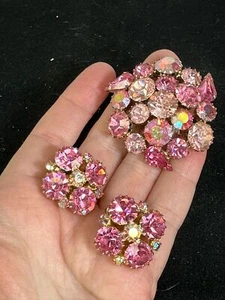 Blume & Ohrring Clip-On rosa Strass JULIANA Vintage Gold Brosche M-6190 - Bild 1 von 5