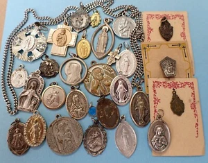 29 Assorted Vintage Religious Medals One on Chain IHM Mary Sacred Heart St Jude+ - Picture 1 of 11