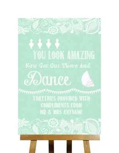 Green Burlap & Lace Effect Toiletries You Look Amazing Personalised Wedding Sign - Picture 1 of 8
