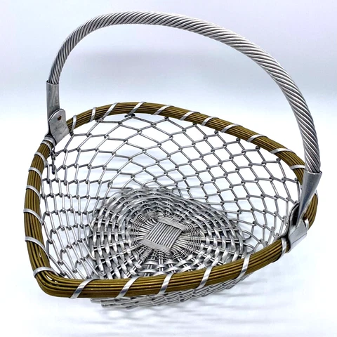 Vintage Aluminum & Brass Metal Woven Wire Basket Handle Chain Link Heart Shaped Cover