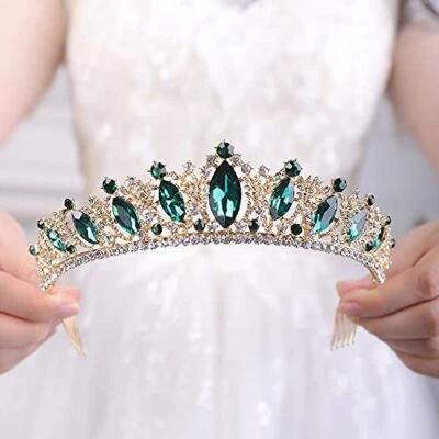 JWICOS Crystal Tiara with Comb for Women Queen Crown Wedding Bridal Party Green - Image 1 of 4