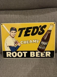 1980s TED'S CREAMY CREAMY ROOT BEER PORCELAIN METAL SIGN SODA POP BASEBALL - Picture 1 of 6