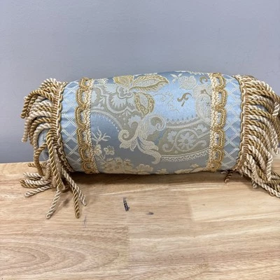 Croscill Blue Gold Bolster Pillow Arbor Scroll Tassels Traditional Glam Decor - Image 1 of 4