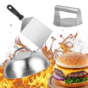 Smash Burger Set Burgerpresse Hamburgerpresse Plancha Spachtel Burgerhaube 3tlg. - Bild 1 von 9