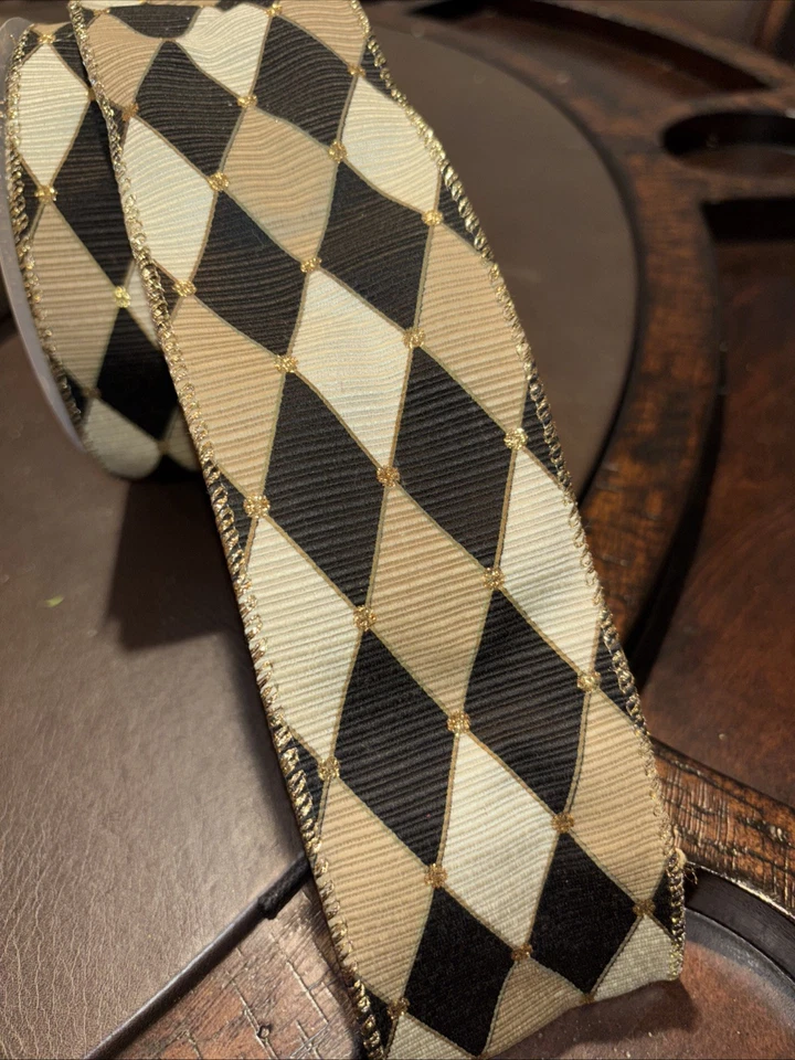 Ballard Designs Cream Gold  Black Harlequin Jester  Wired Ribbon 2.5" x 10 yds - Image 1 of 1