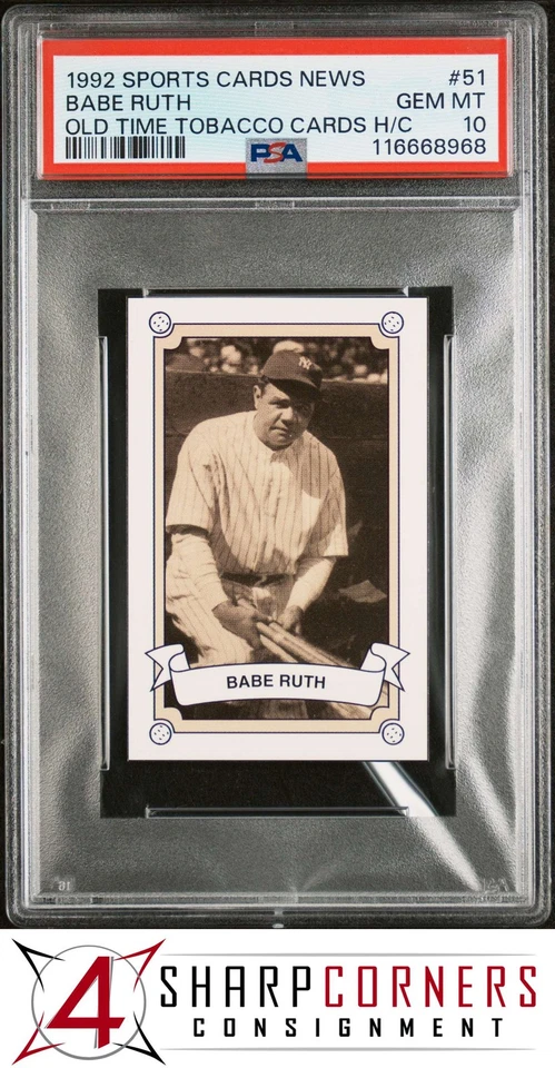 1992 SPORTS CARDS NEWS OLD TIME TOBACCO HAND CUT #51 BABE RUTH HOF POP 6 PSA 10 - Image 1 of 3
