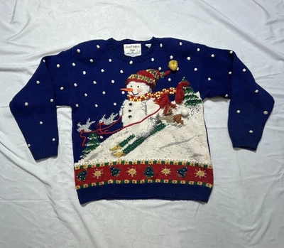 Women’s Size PS Vintage Snowman Sledding Marisa Christina CHRISTMAS Sweater - Image 1 of 4