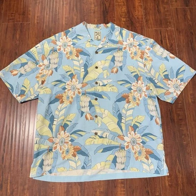 Camisa Montego Mon 100% Seda Hawaiana Floral Abotonada Talla Lrg Usada Leer Negra Foto 1 de 4