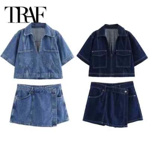 Womens 2 Piece Denim Shirt and Skirt Set Y2K Short Sleeve Summer Co-ord Outfit - Picture 1 of 12
