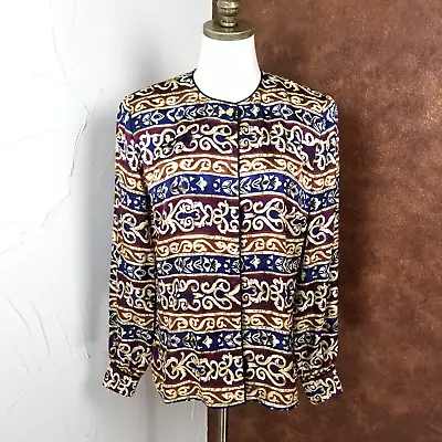 Vintage Maggy London Silk Blouse Size 6 Gold Blue Brown Striped Button Down - Image 1 of 4