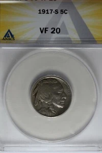 1917-S .05 ANACS VF 20 Buffalo Nickel, Indian Nickel, 5 Cent Piece - Picture 1 of 2