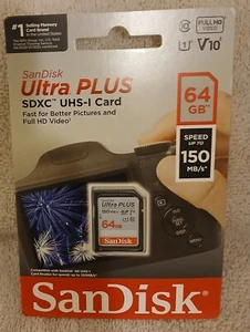SanDisk Ultra PLUS 64GB SDXC UHS-I Mem Card 150 MB/s BRAND NEW FACTORY SEALED - Picture 1 of 2