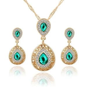 Women Green Emerald Necklace Pendant Silver Color Drop Earrings Gift Jewelry Set - Picture 1 of 5