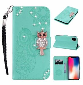 Bling Diamond Owl Leather Flip Wallet  Case For iPhone 14 13 12 11 Pro Max Strap