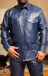 Men's Real Lamb Leather Full Sleeves Shirt Chest Pockets Blue Leather Shirt - Picture 1 of 5