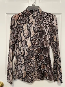 Elie Tahari Brown Snakeskin Print Ruched Faux Wrap Neckline LS Blouse Sz Small - Picture 1 of 6