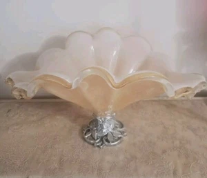 VTG Venetian Murano Style Art Glass Pedestal Footed Ruffled Iridescent Bowl Fine - Picture 1 of 6