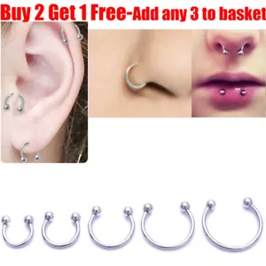 316L Surgical Steel Horseshoe Lip Nose Ring Eyebrow Daith Ring Tragus Ring Hoop - Picture 1 of 6