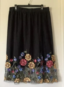 Floral Embroidery Soft Tulle Black Pull On Elastic Waist Skirt Knee High Lined - Picture 1 of 7