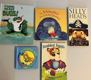 Vintage Set of 5 Pop-Up Books- Hardcover-Monster- Silly Heads- Bugs- Jungle - Foto 1 di 16
