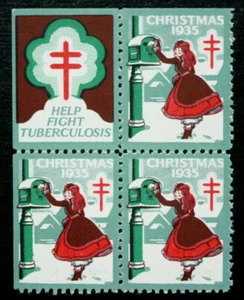US, 1935 Christmas Seal Slogan Block, Green Outline, WX77, Perf 12 1/2 2S, MNH - Picture 1 of 3