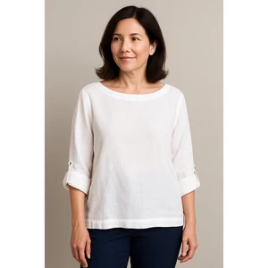 Charter Club Womens 100% Linen White Boatneck Roll Tab Sleeve Top Size Medium - Picture 1 of 14
