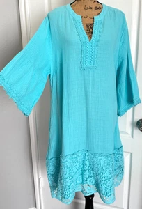 Soft Surroundings Dress 3/4 Sleeve Blue Floral Embroidered V-Neck Pockets XL - Picture 1 of 10