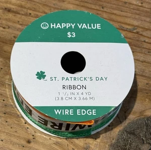 ST. PATRICK’S DAY Wire Edge RIBBON 1.5”x 4 Yds GREEN/ORANGE/WHITE & Shamrocks - Picture 1 of 6