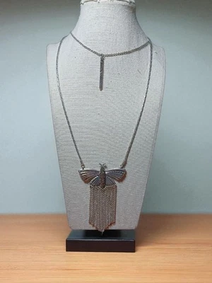Lucky Brand Long Double Strand Necklace Butterfly w/ Black Rhinestone Chips 30" - Image 1 of 4