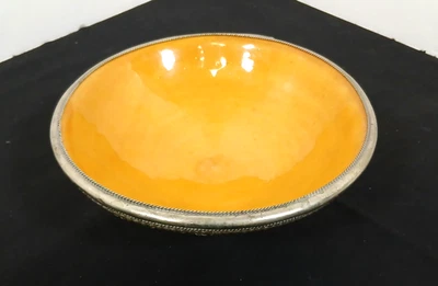 Vintage Moroccan Safi Pottery Bowl in Yellow With Metal Trim - Image 1 of 4