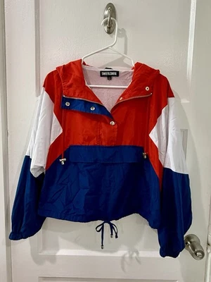 Chaqueta Pullover Sweet & Sinful Rojo Blanco Azul Colorblock Cortavientos con Capucha (L) Foto 1 de 4