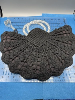 VTG 1940s  Black Crochet Handbag~Lucite Twisted Latticiano Handles~Never used - Image 1 of 4