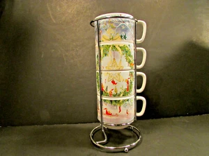 NIB CIB Cypress 4 Espresso Mugs With Caddy Festive Holiday Christmas Elves Santa - Picture 1 of 11