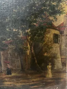 Antikes Original Gemälde 19. Jahrhundert, Frauen, Stadtansicht, Schloss, Leben, Bäume - Bild 1 von 8