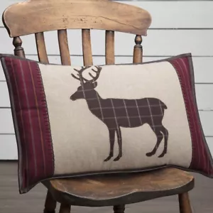 VHC Brands Rustic 14"x22" Deer Pillow Tan Appliqued Wyatt Chambray Bedroom Decor - Picture 1 of 7