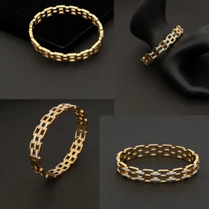 Edelstahl Damen Armreif Armband Goldfarben Kettenmuster Strass Schmuck Geschenk - Bild 1 von 6