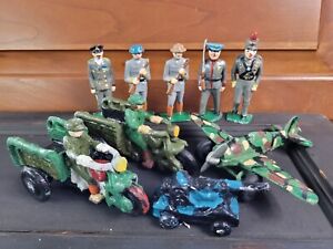 Vintage Cast Iron 3 Wheel Motorcycle Crash Car & Plane Barclay Toy Soldiers 